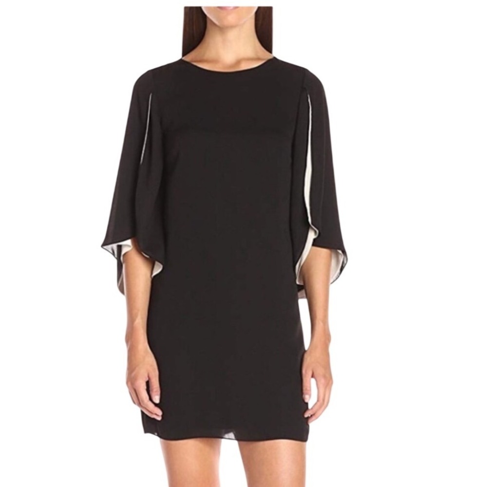 Halston Heritage Black Cape Sleeve Shift‎ Dress Cream Contrast Mini Small - Picture 2 of 9